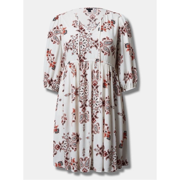 Torrid White Rust-Orange Paisley 3/4 Sleeve Washable Tunic Dress & Slip, Size 1X - Picture 2 of 6